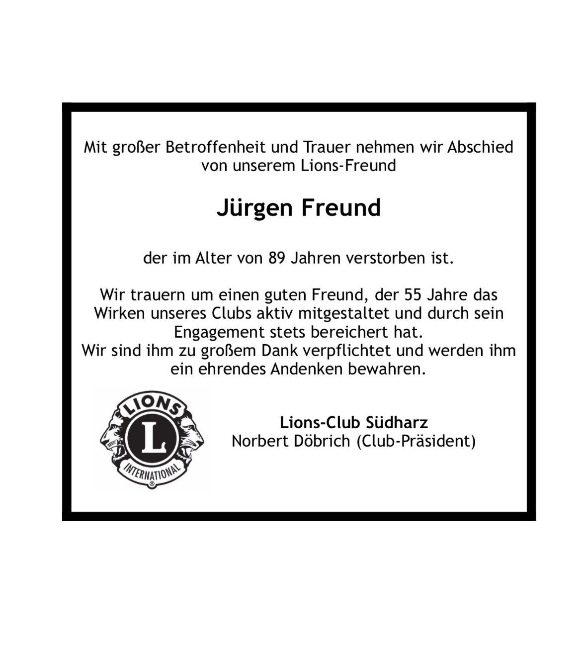Traueranzeige Lions Club Südharz