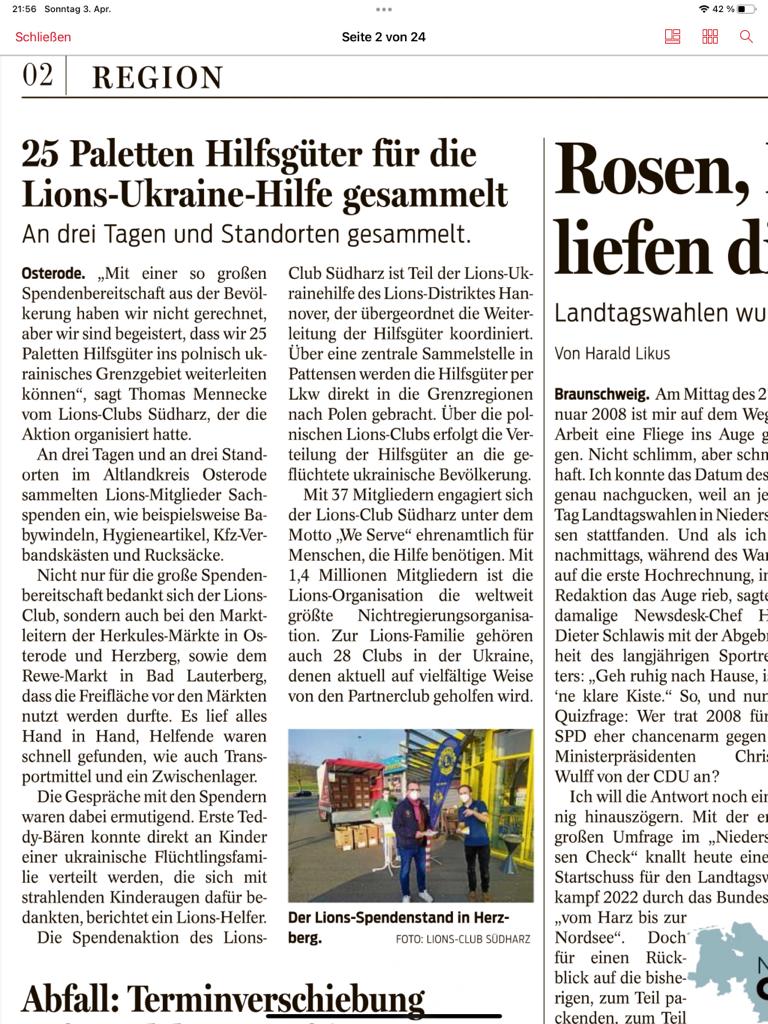 Bericht im Harz Kurier, 04.04.2022